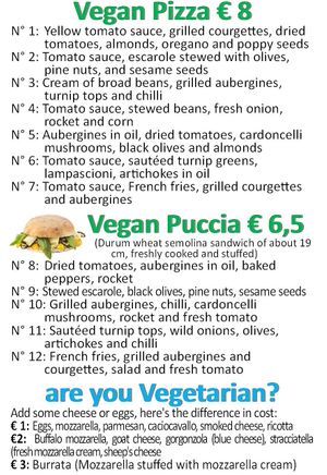 Our menu for Vegans / Vegetarians!
All ingredients are prepared by us (grilled vegetables, stewed vegetables, creams, etc.) to ensure freshness and accuracy! For our pizza and for at La Pizzicata in Tirano