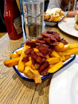 Fries with Vegan Bacon at Bread Meats Bread - Great Western in Glasgow