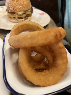 Onion rings and cheesy M&M burger   at Bread Meats Bread - Great Western in Glasgow