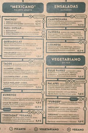 Menu  at Jalos in Zaragoza