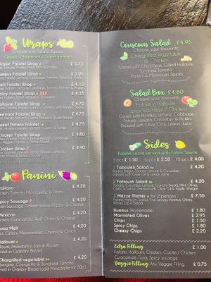 Menu as at 28/07/19 at Falafel Xpress in Chester