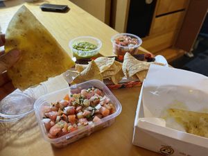 Vegan quesadilla with chips and salsa at Taqueria La Sabrosa in Sao Paulo
