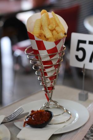 Chips in a cone at DS Coffee House and Internet Cafe in Huonville