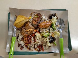 Rice with 5 sides including mock fish for 5.5 at Jia Jia Vegetarian 佳佳素食 - Whampoa Dr in Central Singapore