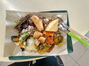 Rice with mock meat, tofu, vegetable, spring roll at Jia Jia Vegetarian 佳佳素食 - Whampoa Dr in Central Singapore