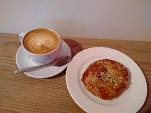 Aplle pulla and soy milk capuchino. at Kanniston Leipomo in Helsinki
