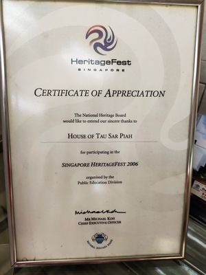 Certificate at House of Tau Sar Piah in Central Singapore