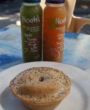 Vegan lentil pie and juices. at Fundies Wholefoods Cafe - Byron Bay in Byron Bay