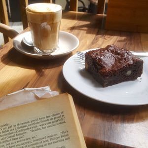 Macadamia brownie and soya latte at Fundies Wholefoods Cafe - Byron Bay in Byron Bay