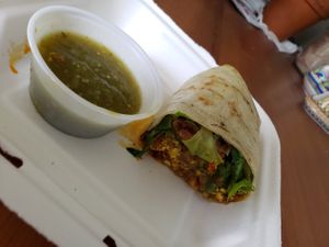 Macho breakfast burrito with tofu scramble and walnut chorizo at Juice Pharm in Duluth