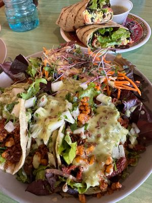 Mexicali Tacos with side salad and El Hefe Burrito in the background at Juice Pharm in Duluth