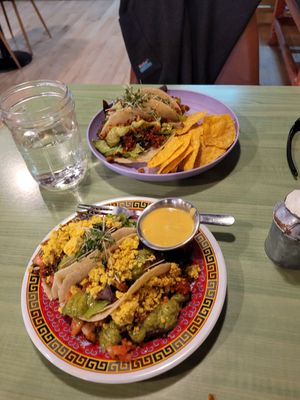 Mexically tacos and Macho Burrito made as tacos.  Delicious! at Juice Pharm in Duluth