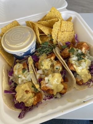 Buffalo tacos with chips and queso  at Juice Pharm in Duluth