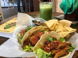 BBQ tacos special and green juice at Juice Pharm in Duluth