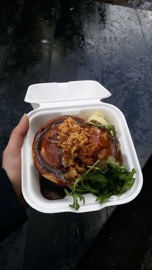 Seitan and ale pie, mashed potatoes and crunchy onion bits on top at Young Vegans - Online only in East London