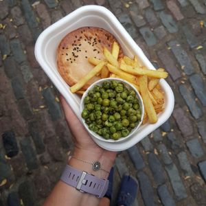 Chicken katsu curry pie with chips and minty peas at Young Vegans - Online only in East London
