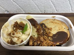 Steak and ale pie with mash, mac’n’cheese, gravy, and crispy onions at Young Vegans - Online only in East London