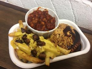 Chicken parmigiana pie, cheesy fries n beans at Young Vegans - Online only in East London