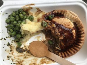 Steak & Ayle pie, minty peas, mash potato and gravey. Surprisingly very good. Very satisfied. at Young Vegans - Online only in East London