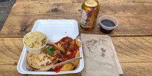 cheeseburger pie, mac n’ cheese, fries, cookie, and ginger beer at Young Vegans - Online only in East London