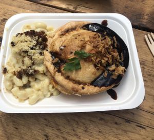 Cheeseburger pie with gravy and a side of mac ‘n’ cheese at Young Vegans - Online only in East London