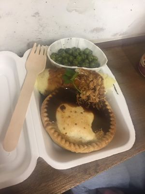 steak and ale pie, minty peas and mash with gravy and crispy onions at Young Vegans - Online only in East London