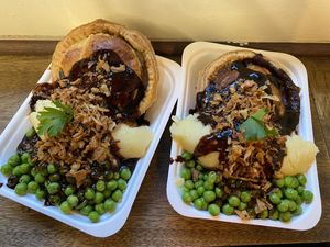 Katsu Chicken and Steak & Ale with mash and peas at Young Vegans - Online only in East London