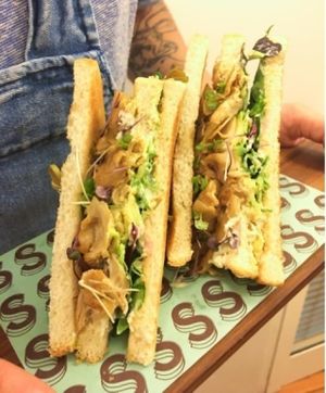 
Sandwich with HEURA (vegetable protein) and fresh vegetables at Strata Bakery in Barcelona