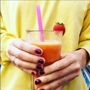 Fruit smoothie with vegetable milk or orange juice at Strata Bakery in Barcelona