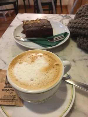 Brownie + oat milk latte  at Strata Bakery in Barcelona
