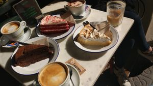 Selection of coffees and desserts at Strata Bakery in Barcelona