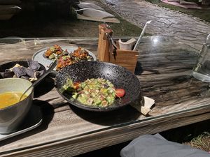 Healing Soup, Ceviche and Cauli Tacos.  at Seva Table in Dubai