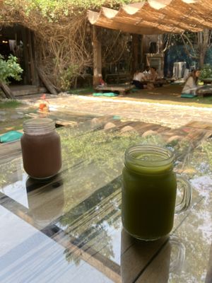 Green detox juice and strawberry with matcha juice  at Seva Table in Dubai