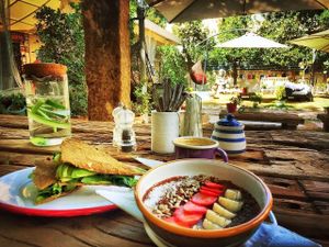 Sandwich verde and chocolate porridge and Ethiopian organic america in a magical garden.  at Seva Table in Dubai