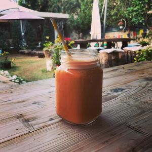 Orange aid juice - organge juice with turmeric pumpkin and sweet potatoe -I've also asked for extra maca :) at Seva Table in Dubai