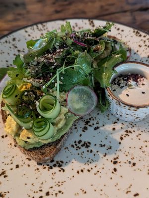 Avocado and scrambled tofu on toast at Seva Table in Dubai