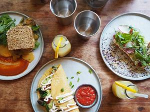 Omelette, vurger n avo toast at Seva Table in Dubai