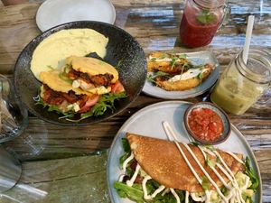 Arepas, platain side and eggless omelett. Soooo good!!!  at Seva Table in Dubai