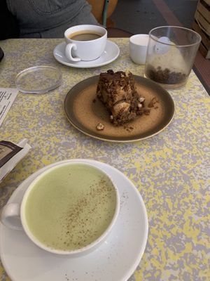 Coconut matcha latte and apple cake  at Banana Cafe in Bordeaux