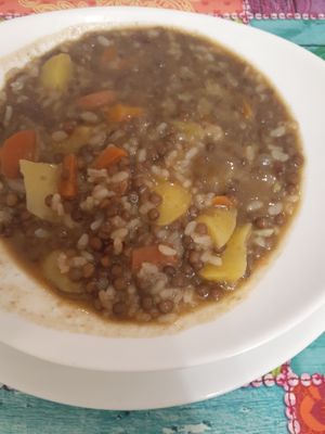 Super flavorful lentils with rice and veggies for first plate of meal of the day. at Telos Comida Casera Natural Vegetariana y Vegana in San Lorenzo De El Escorial