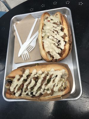 Classic Philly Cheesesteak and Loaded (just with grilled mushrooms)  at Farmacy Vegan Kitchen & Bakery in Tampa