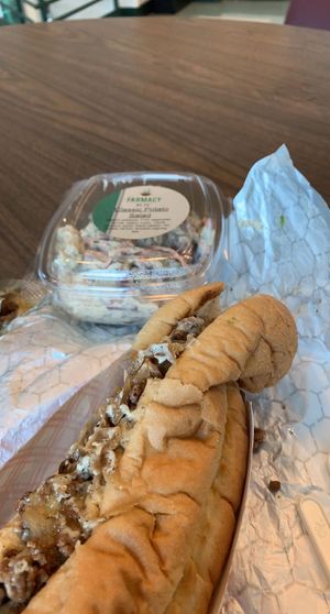 Classic Philly Cheese steak with potato salad.  at Farmacy Vegan Kitchen & Bakery in Tampa