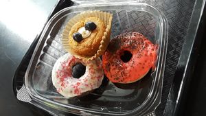 Vegan vanilla Pirate dounut, lemon cranberry muffin, chocolate with vanilla glaze at Farmacy Vegan Kitchen & Bakery in Tampa