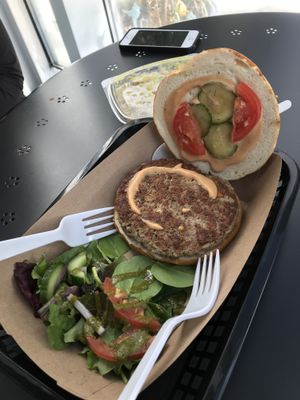 Burger w/ Impossible Burger patty. at Farmacy Vegan Kitchen & Bakery in Tampa