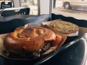 Jerky burger & cream sandwich cookies at Farmacy Vegan Kitchen & Bakery in Tampa