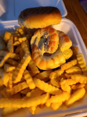 Surf & Turf burger with shrimp and Old Bay fries at Kahiau's Bakery & Cafe in Virginia Beach