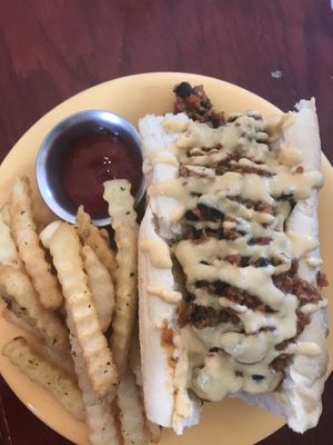 Vegan chili cheeze dog and fries at Kahiau's Bakery & Cafe in Virginia Beach