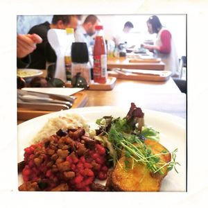 Traditional czech cusine, originaly made - beetroat groats and marjoram, horsradish with apples, goldem baket potatoes at zralé bistro in Zlin
