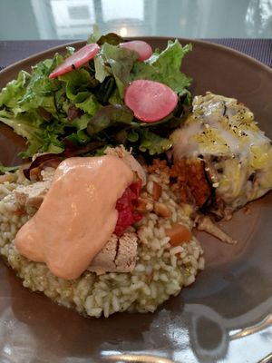 Mix of two menu dishes: eggplant canellonis and the mushroom risotto. at Rotas da Ilha Verde in Sao Miguel