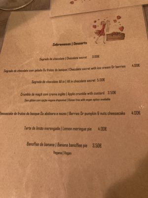 Dessert menu at Rotas da Ilha Verde in Sao Miguel